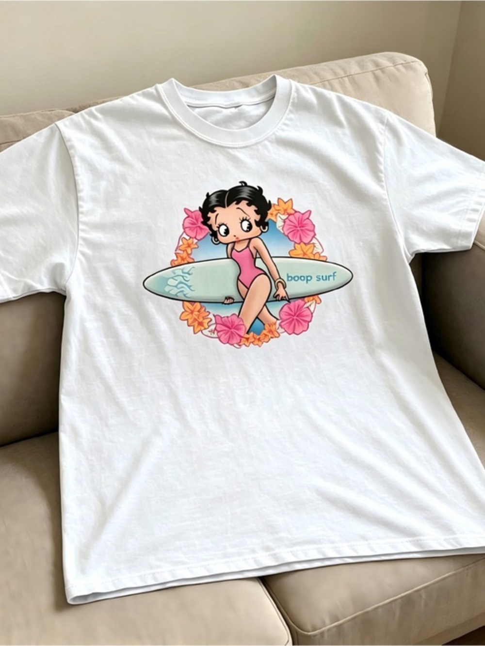 Betty Boop Boop Surf Graphic Tee - White with Pink Accents